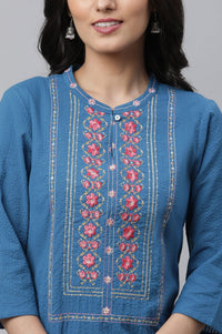 Blue Thread Embroidered Cotton Blend Straight Kurta with Tights Set
