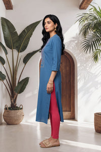 Blue Thread Embroidered Cotton Blend Straight Kurta with Tights Set