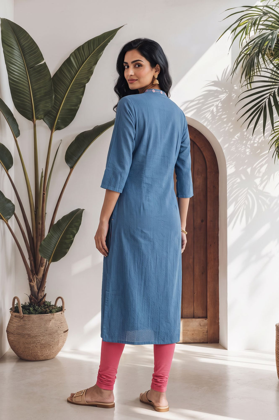 Blue Thread Embroidered Cotton Blend Straight Kurta with Tights Set