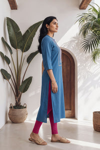 Blue Thread Embroidered Cotton Blend Straight Kurta with Tights Set