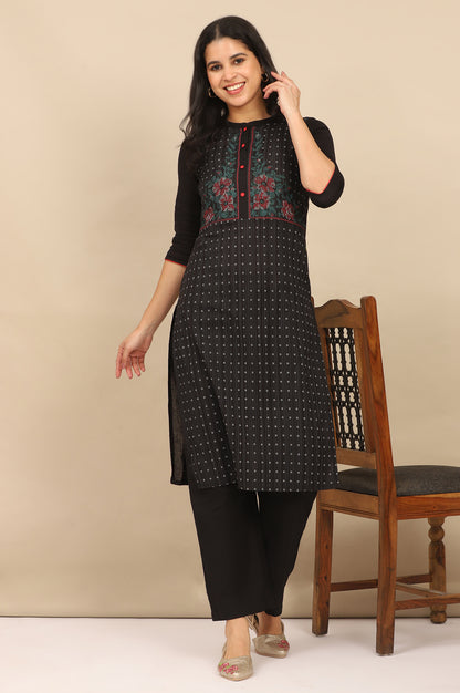 Black Printed Cotton Flax Straight Kurta and Pants Set