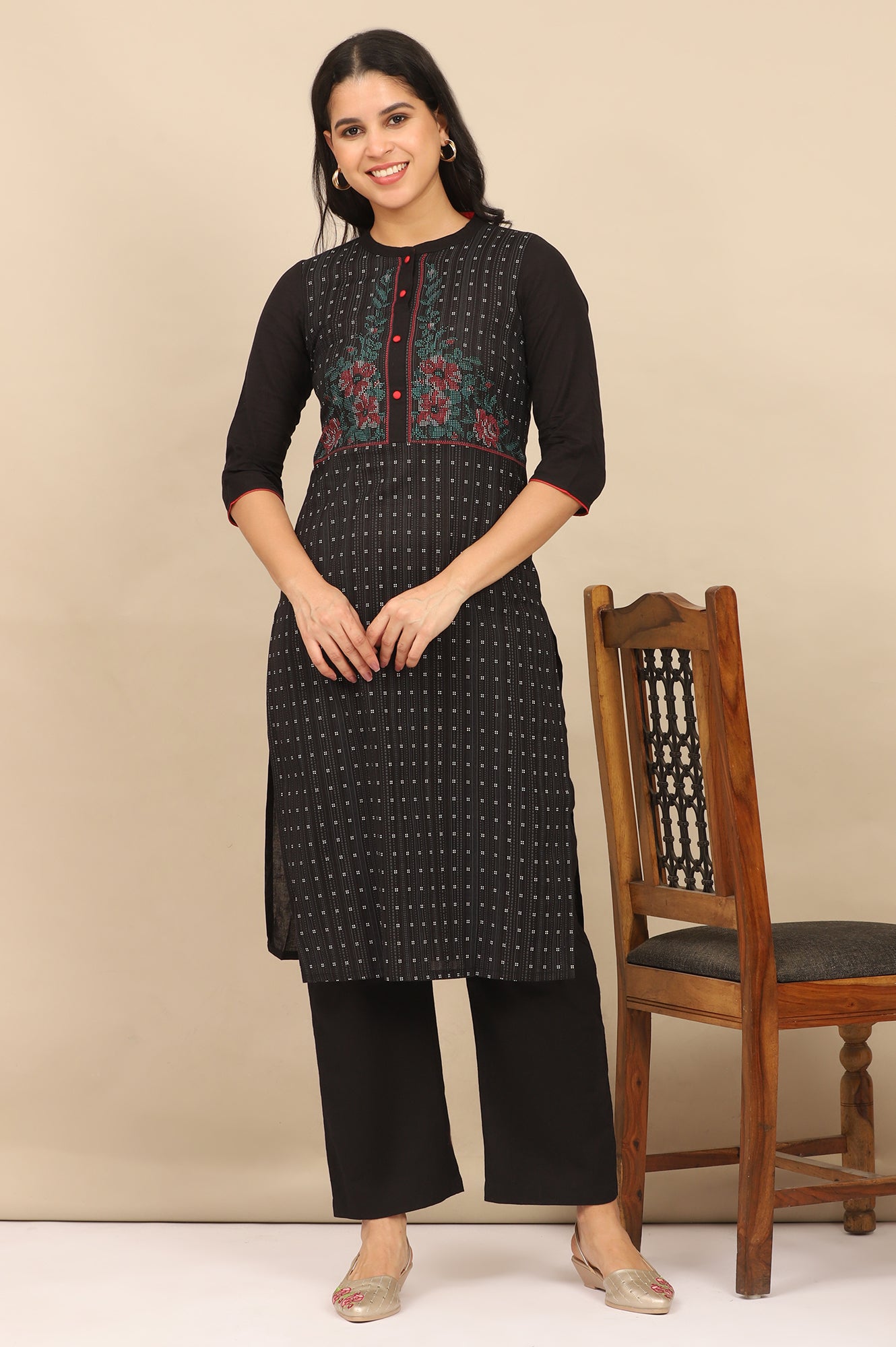 Black Printed Cotton Flax Straight Kurta and Pants Set