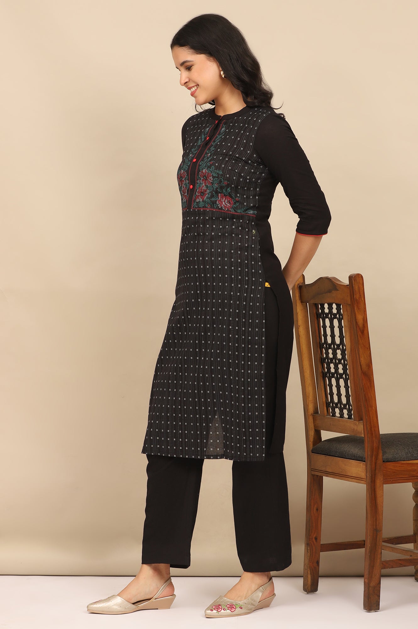 Black Printed Cotton Flax Straight Kurta and Pants Set