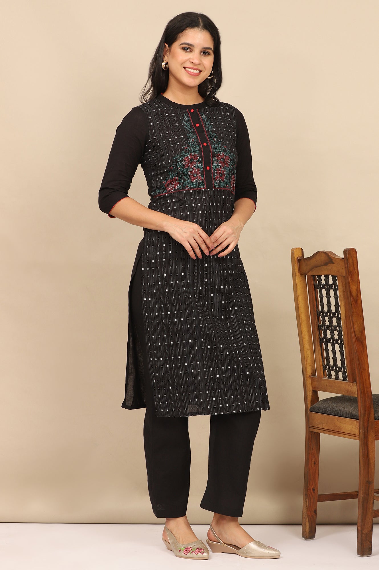 Black Printed Cotton Flax Straight Kurta and Pants Set