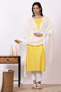 Yellow Geometric Printed Pure Cotton Straight Kurta, Leggings and Dupatta Set