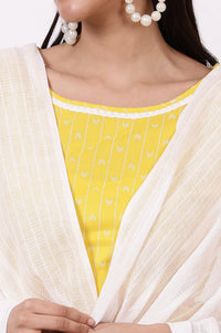 Yellow Geometric Printed Pure Cotton Straight Kurta, Leggings and Dupatta Set