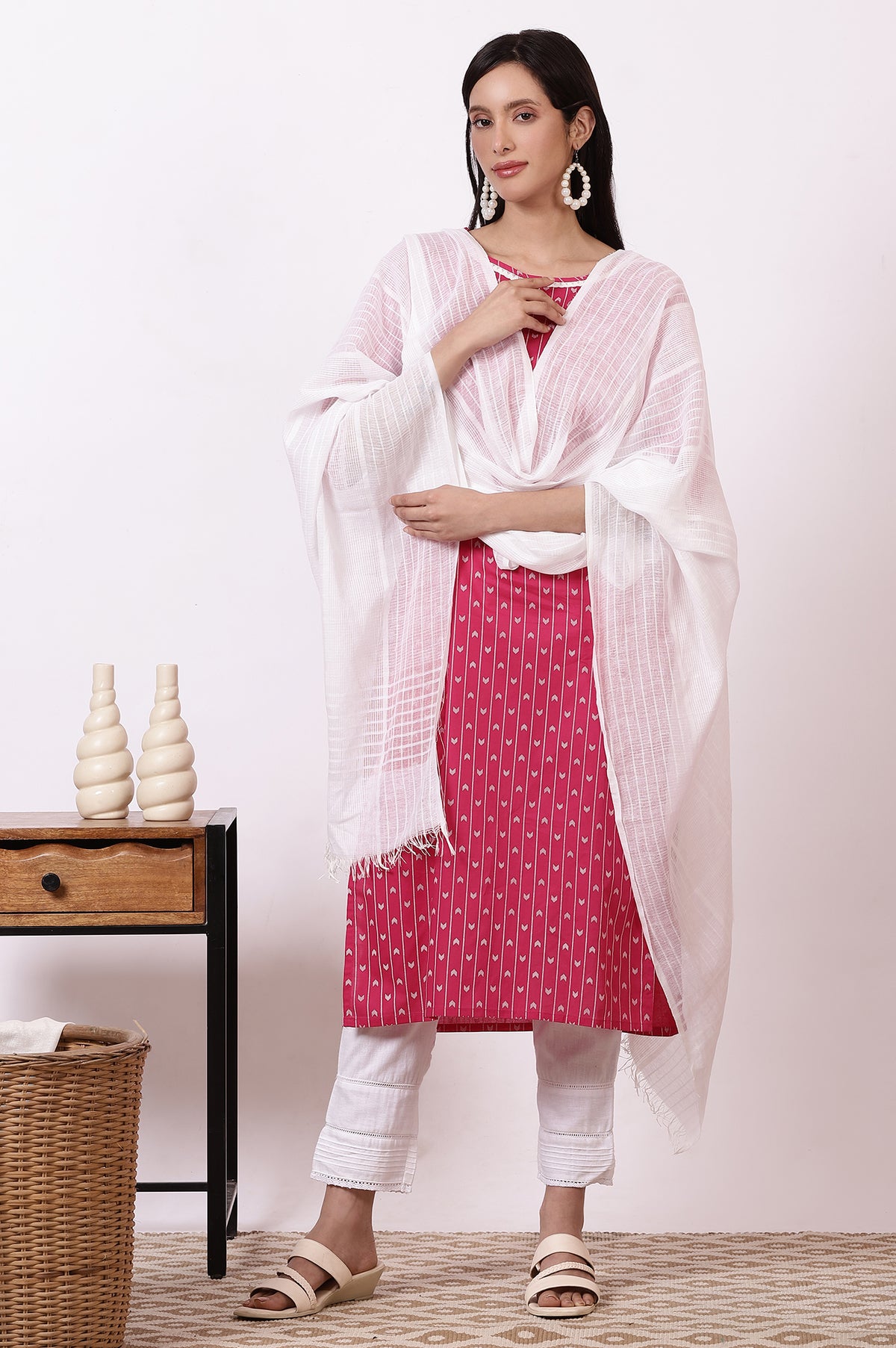 Pink Geometric Printed Pure Cotton Straight Kurta, Leggings and Dupatta Set - XS