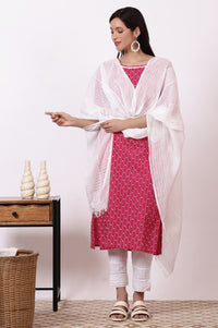 Pink Geometric Printed Pure Cotton Straight Kurta, Leggings and Dupatta Set