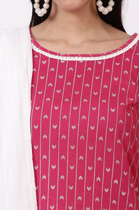 Pink Geometric Printed Pure Cotton Straight Kurta, Leggings and Dupatta Set