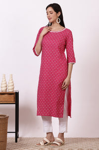 Pink Geometric Printed Pure Cotton Straight Kurta, Leggings and Dupatta Set