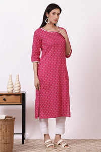 Pink Geometric Printed Pure Cotton Straight Kurta, Leggings and Dupatta Set