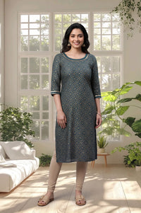 Teal Gold Printed Pure Cotton Straight Kurta with Tights Set