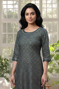 Teal Gold Printed Pure Cotton Straight Kurta with Tights Set