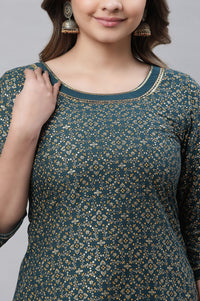 Teal Gold Printed Pure Cotton Straight Kurta with Tights Set