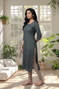 Teal Gold Printed Pure Cotton Straight Kurta with Tights Set