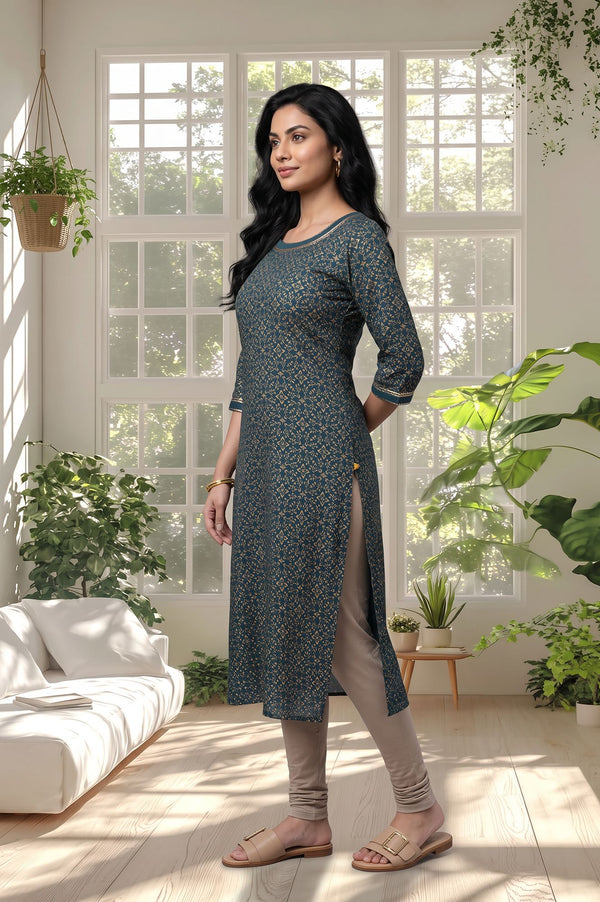 Teal Gold Printed Pure Cotton Straight Kurta with Tights Set
