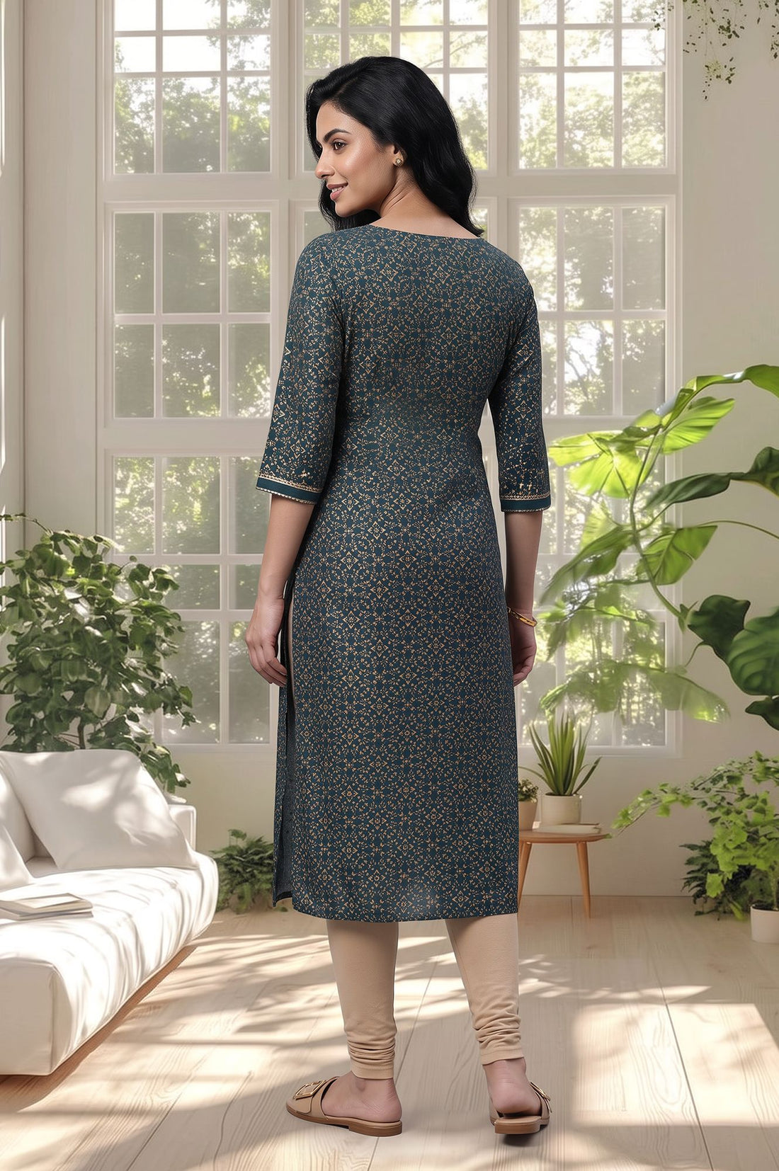 Teal Gold Printed Pure Cotton Straight Kurta with Tights Set