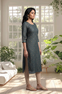 Teal Gold Printed Pure Cotton Straight Kurta with Tights Set