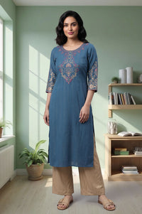 Blue Thread Embroidered Cotton Straight Kurta with Palazzo Set