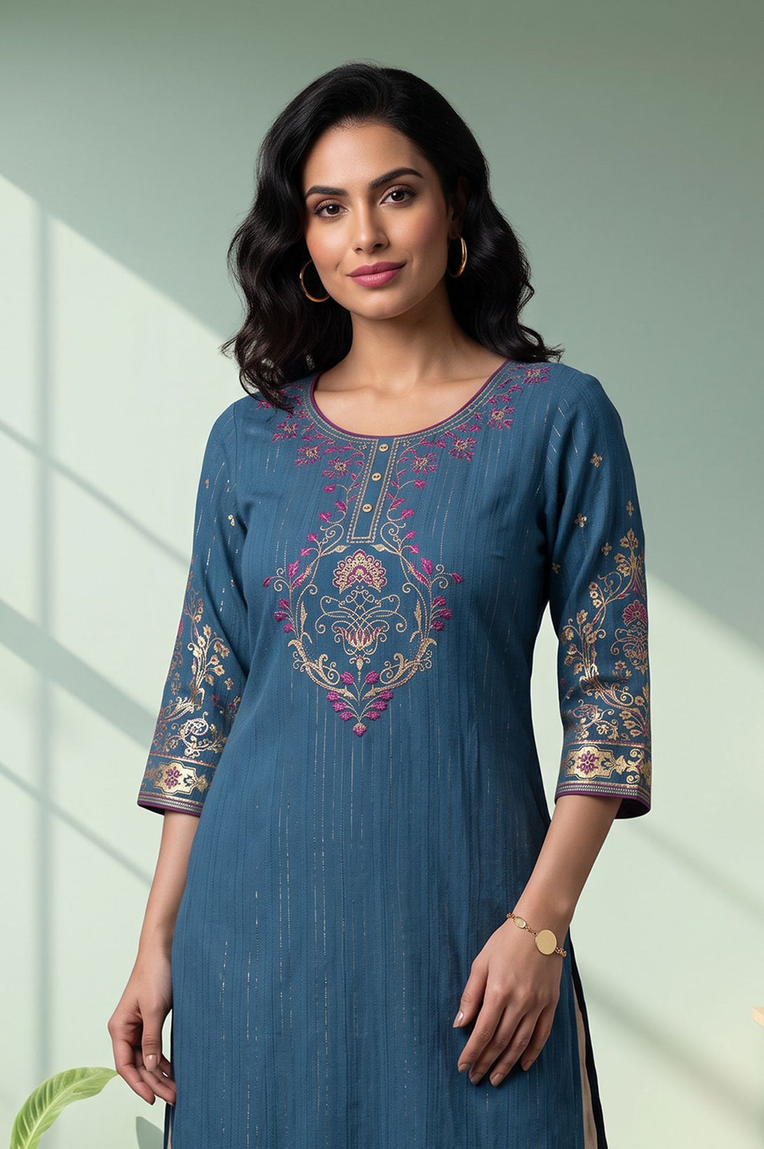 Blue Thread Embroidered Cotton Straight Kurta with Palazzo Set