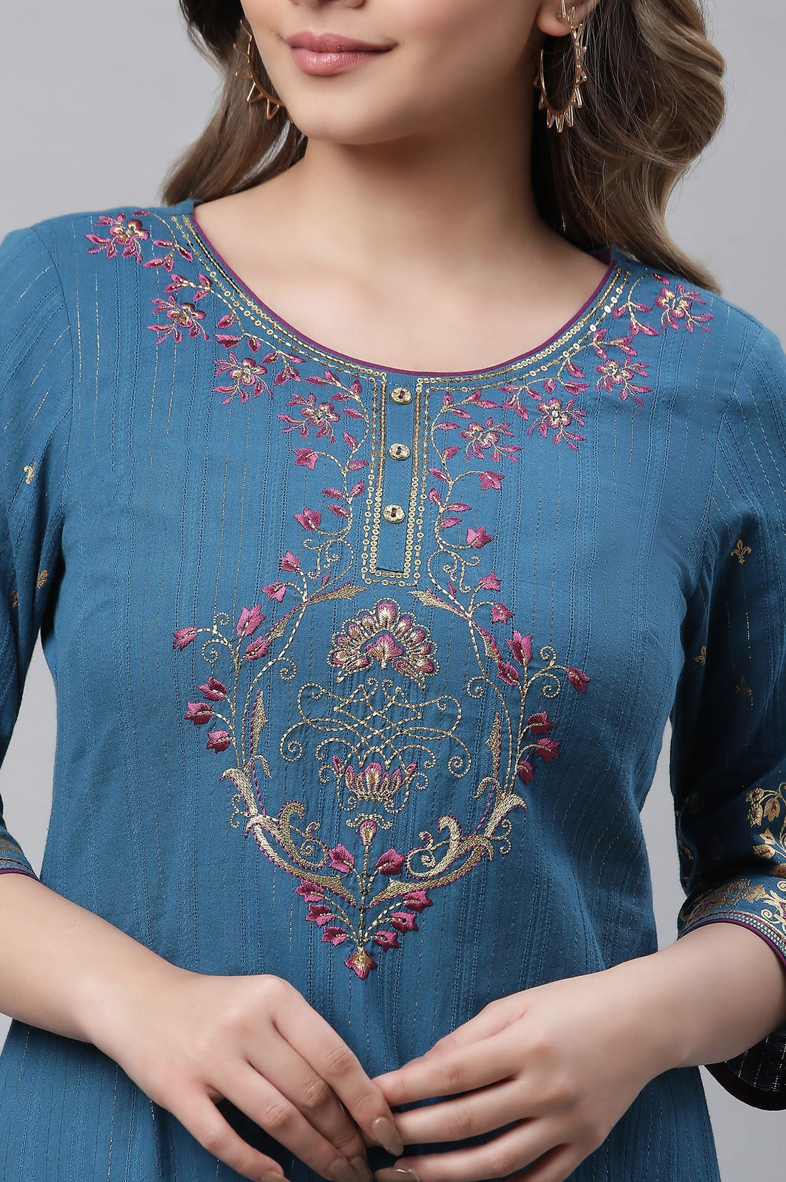 Blue Thread Embroidered Cotton Straight Kurta with Palazzo Set
