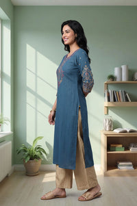 Blue Thread Embroidered Cotton Straight Kurta with Palazzo Set