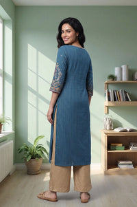 Blue Thread Embroidered Cotton Straight Kurta with Palazzo Set
