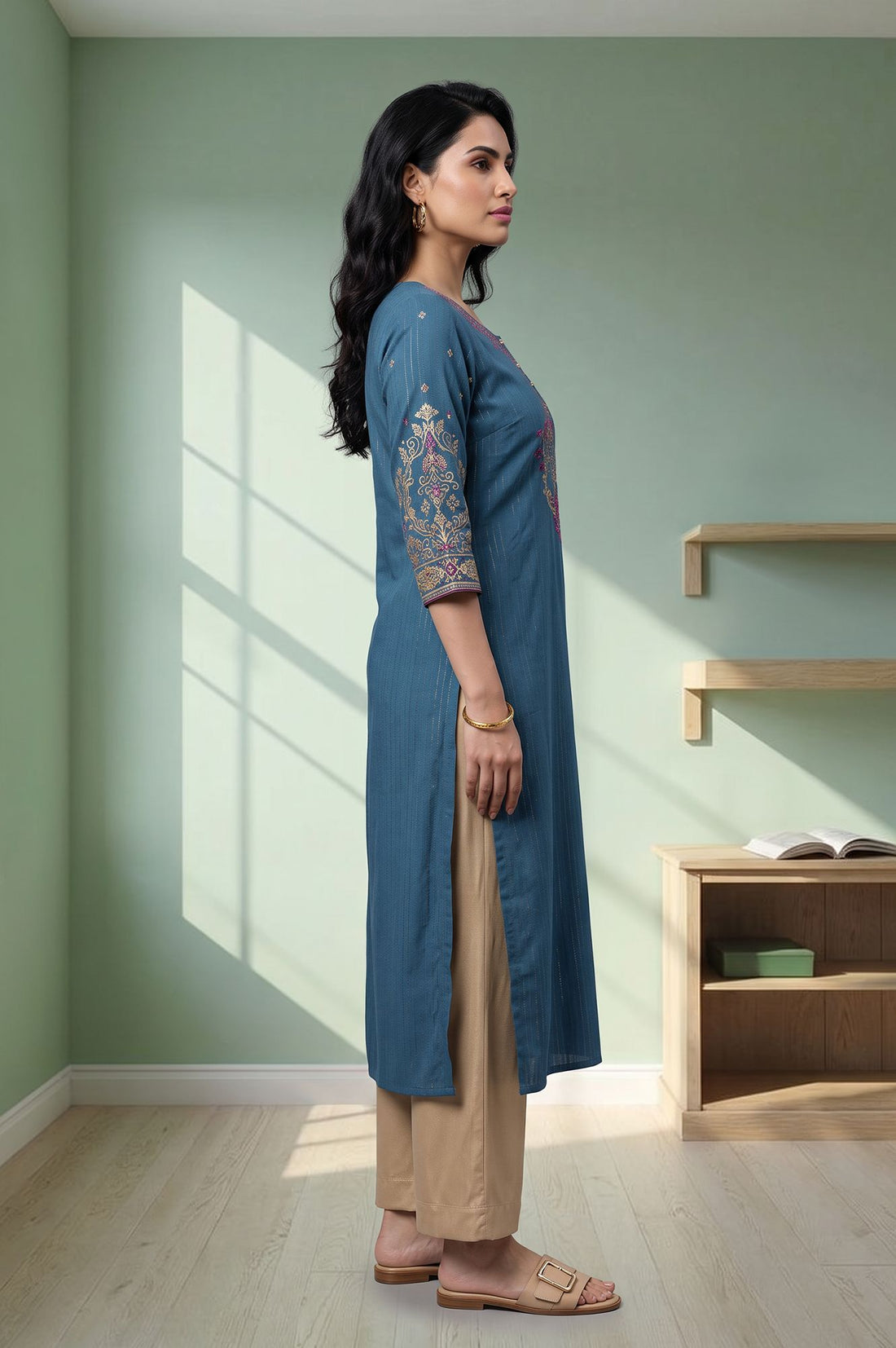 Blue Thread Embroidered Cotton Straight Kurta with Palazzo Set