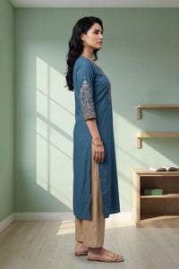 Blue Thread Embroidered Cotton Straight Kurta with Palazzo Set
