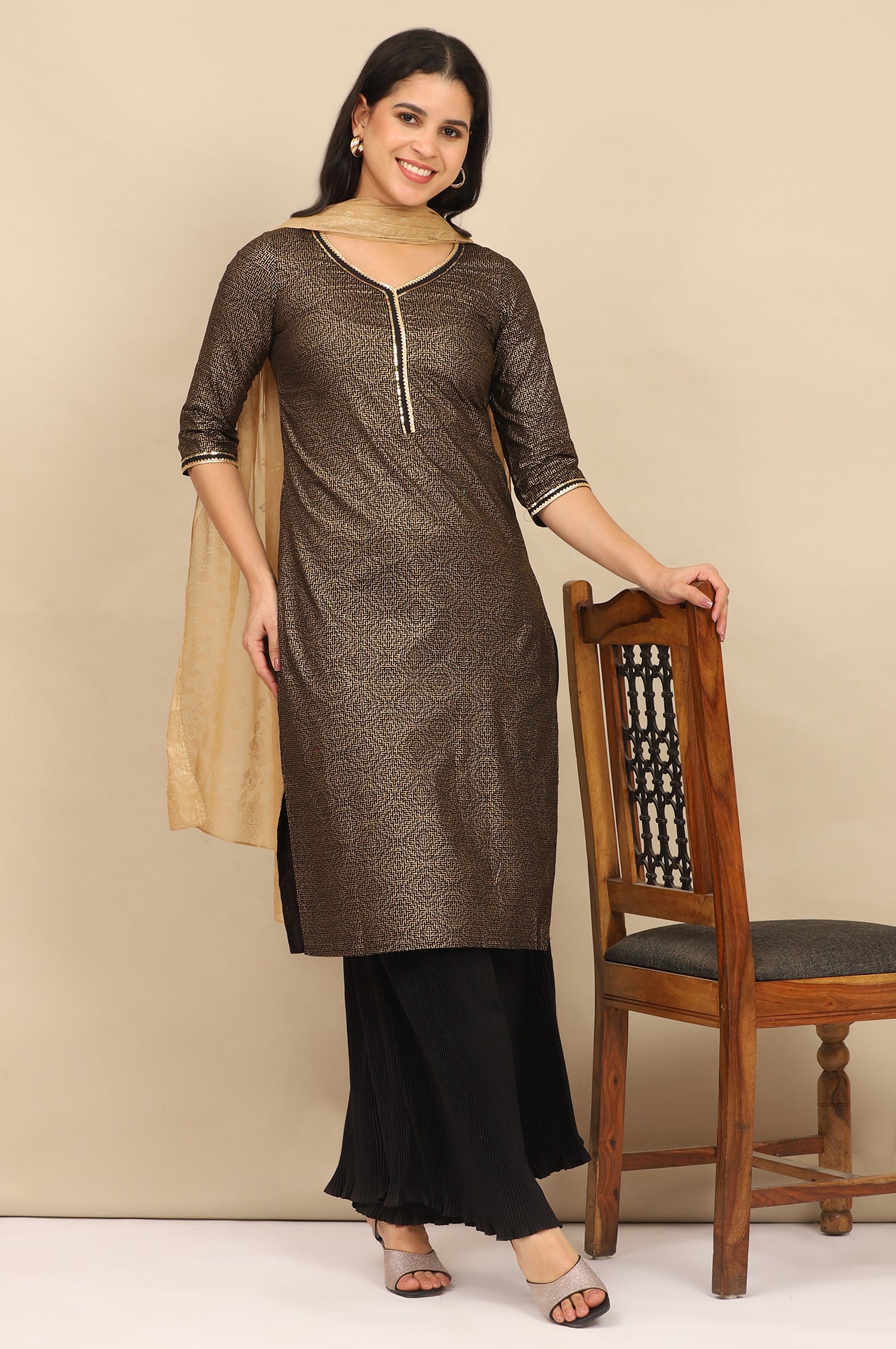 Black Foil Printed Embellished Straight Kurta, Pleated Palazzo and Dupatta Set