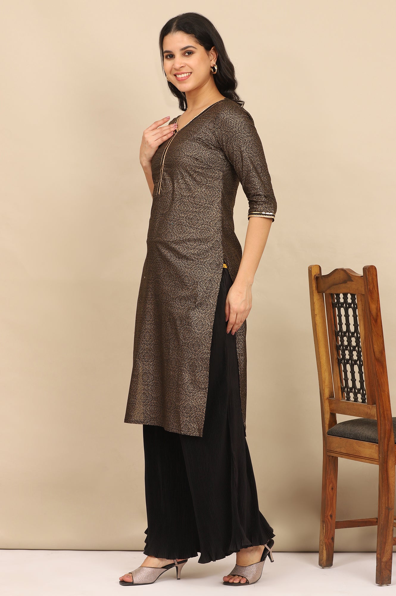 Black Foil Printed Embellished Straight Kurta, Pleated Palazzo and Dupatta Set