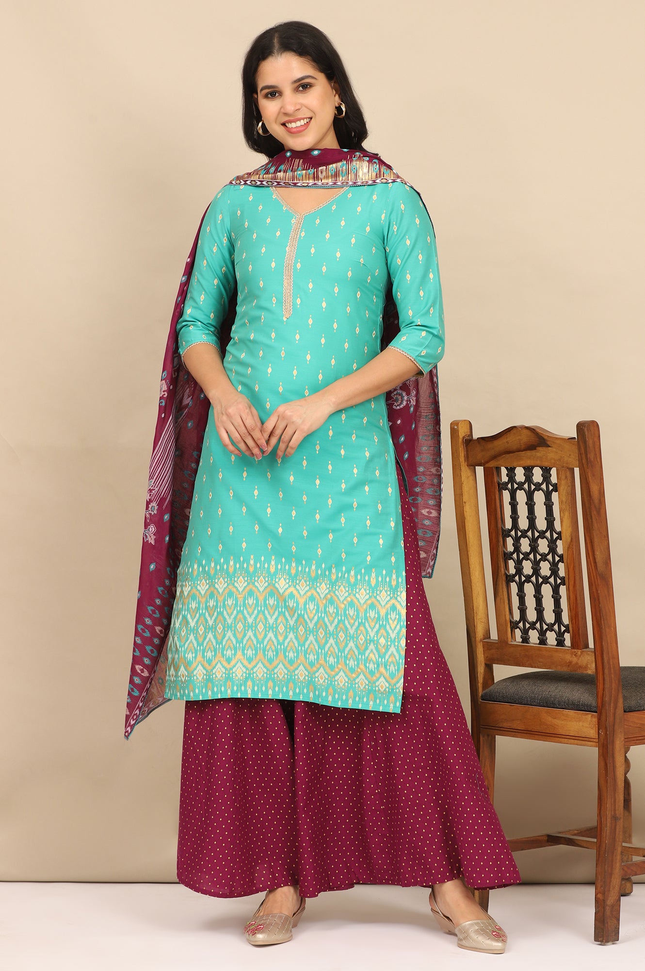 Green Foil Printed Embellished Straight Kurta, Flared Palazzo and Dupatta Set