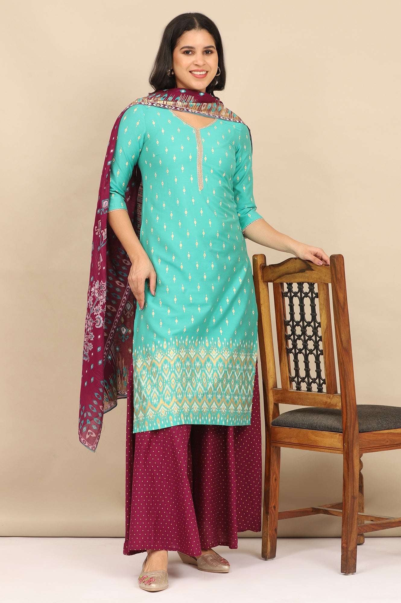 Green Foil Printed Embellished Straight Kurta, Flared Palazzo and Dupatta Set