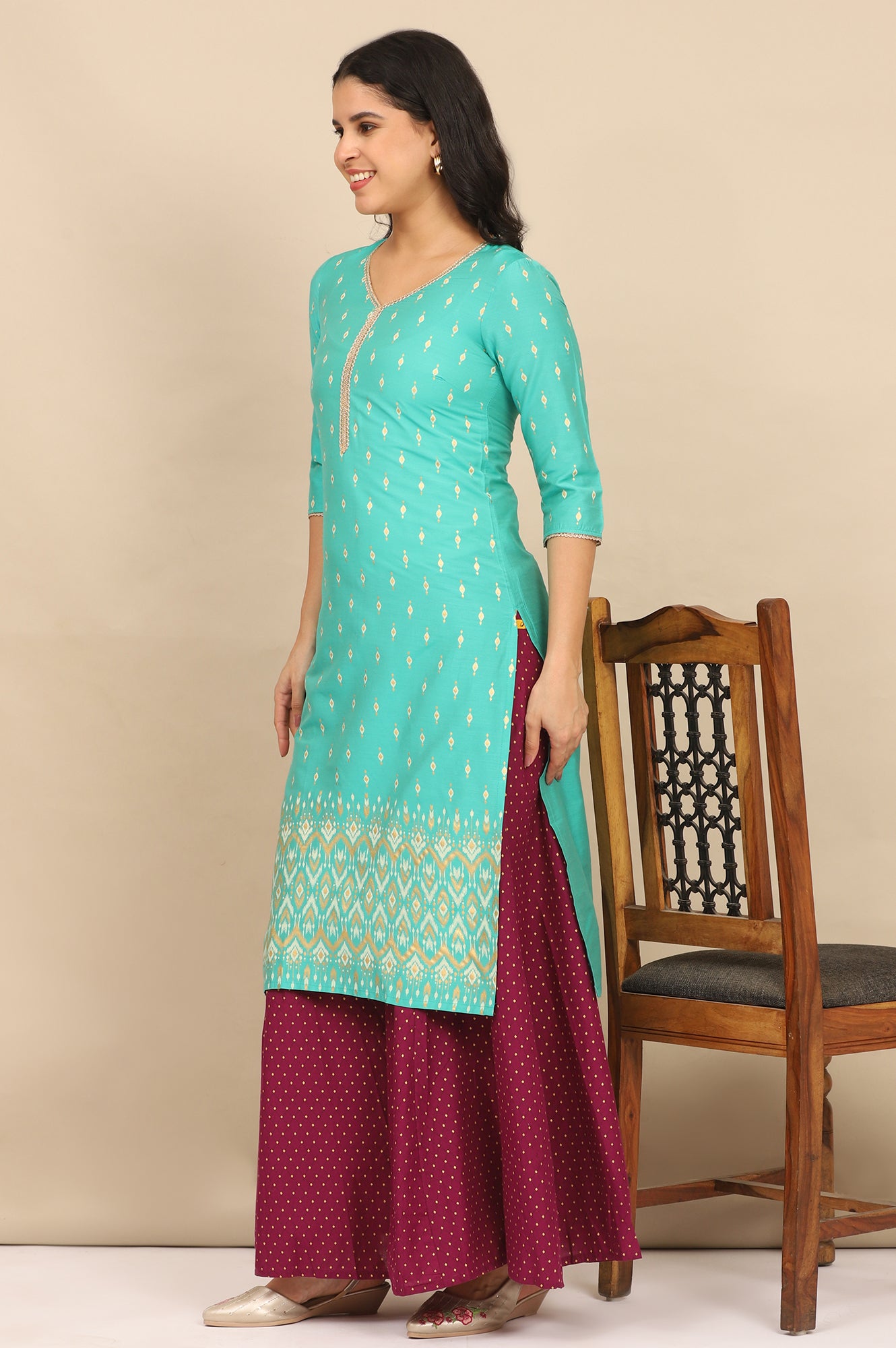 Green Foil Printed Embellished Straight Kurta, Flared Palazzo and Dupatta Set