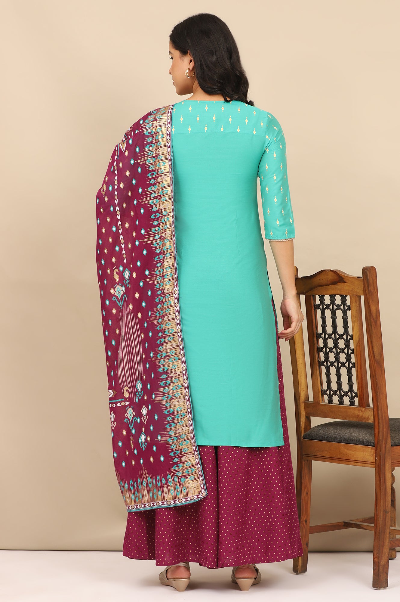 Green Foil Printed Embellished Straight Kurta, Flared Palazzo and Dupatta Set