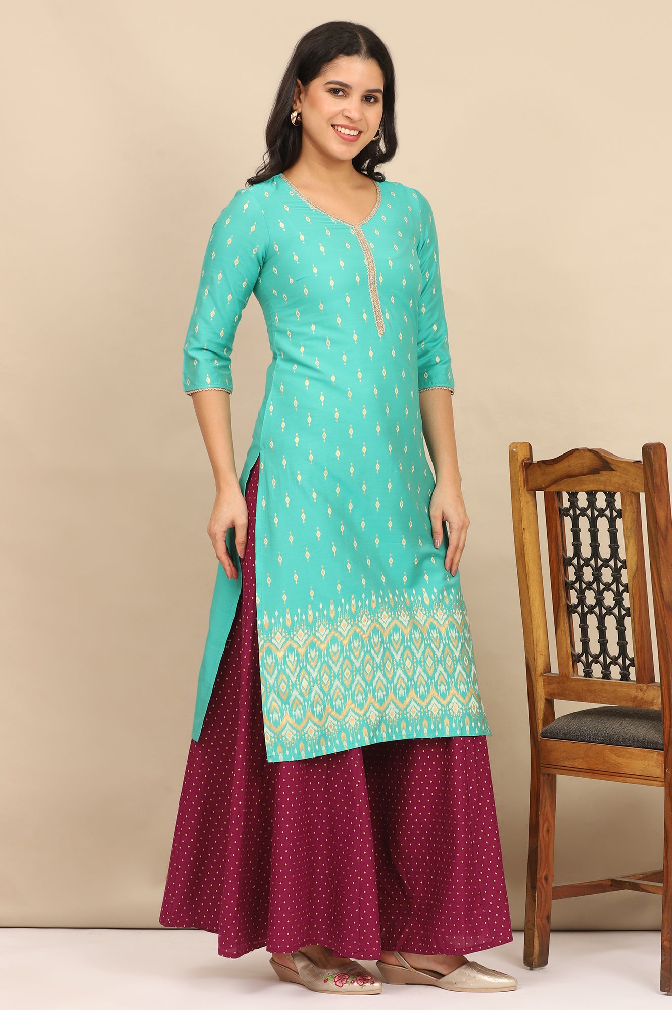 Green Foil Printed Embellished Straight Kurta, Flared Palazzo and Dupatta Set