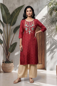 Maroon Thread Embroidered Shantung Straight Kurta with Palazzo Set