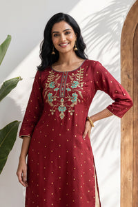 Maroon Thread Embroidered Shantung Straight Kurta with Palazzo Set