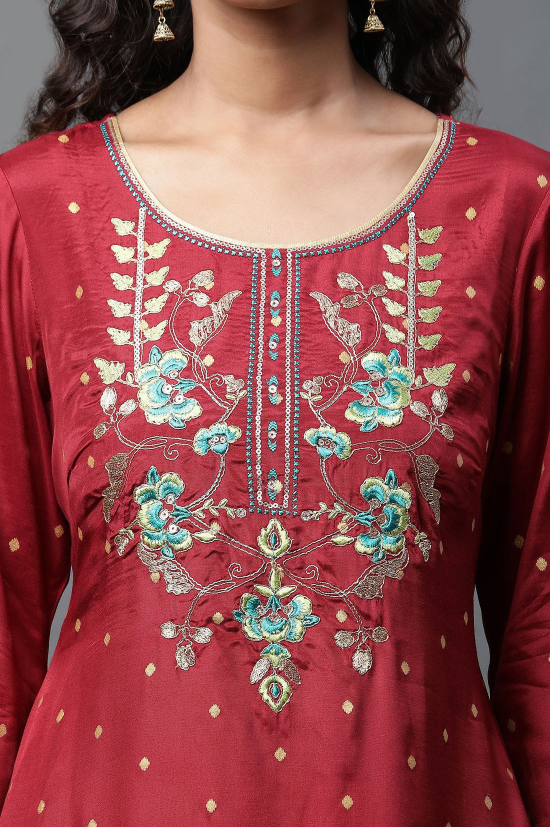 Maroon Thread Embroidered Shantung Straight Kurta with Palazzo Set