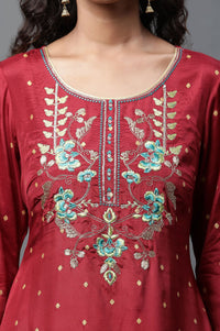 Maroon Thread Embroidered Shantung Straight Kurta with Palazzo Set