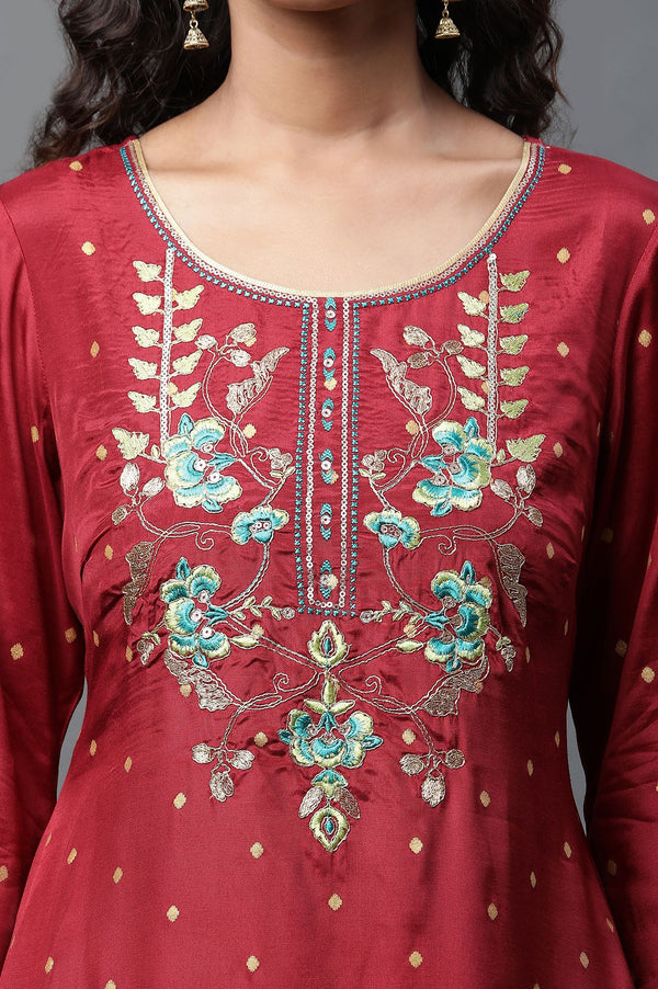 Maroon Thread Embroidered Shantung Straight Kurta with Palazzo Set