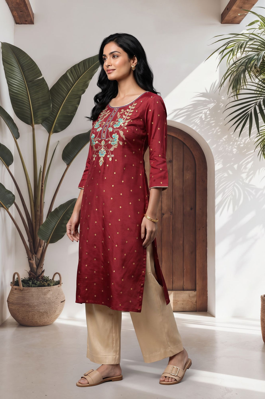 Maroon Thread Embroidered Shantung Straight Kurta with Palazzo Set