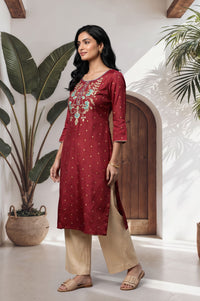 Maroon Thread Embroidered Shantung Straight Kurta with Palazzo Set