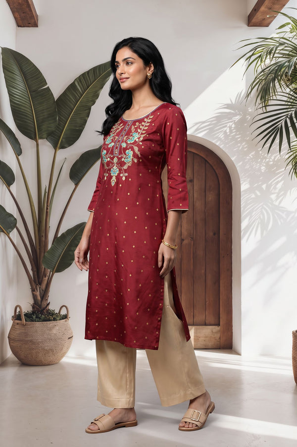 Maroon Thread Embroidered Shantung Straight Kurta with Palazzo Set