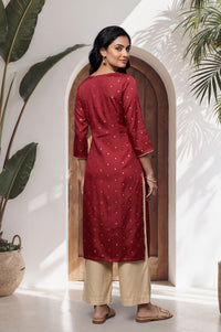 Maroon Thread Embroidered Shantung Straight Kurta with Palazzo Set