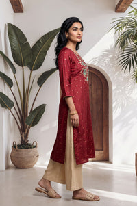 Maroon Thread Embroidered Shantung Straight Kurta with Palazzo Set