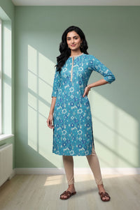 Teal Ikat Printed Lace Pure Cotton Straight Kurta with Tights Set