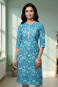 Teal Ikat Printed Lace Pure Cotton Straight Kurta with Tights Set