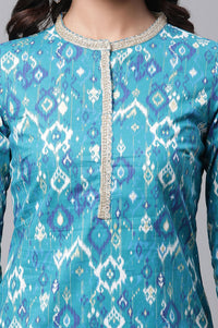 Teal Ikat Printed Lace Pure Cotton Straight Kurta with Tights Set