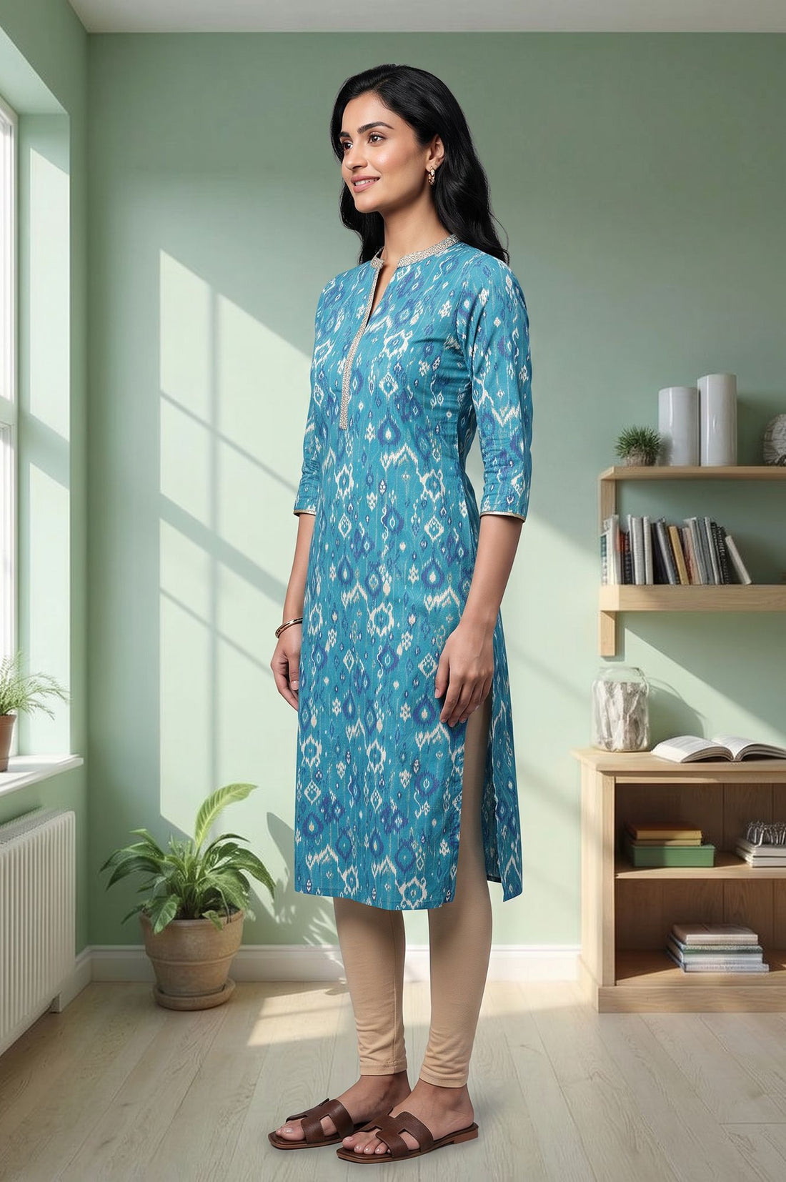 Teal Ikat Printed Lace Pure Cotton Straight Kurta with Tights Set
